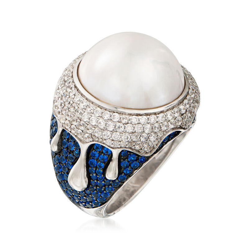 16mm Mabe Cultured Pearl, 1.50 ct. t.w. CZ and 1.28 ct. t.w. Synthetic Blue Spinel Ring in Sterling Silver image number 2