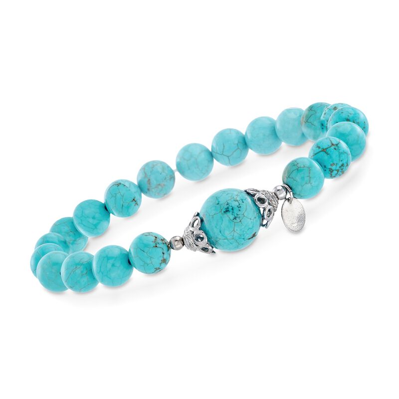 8-12mm Simulated Turquoise Bead Stretch Bracelet with Sterling Silver image number 0