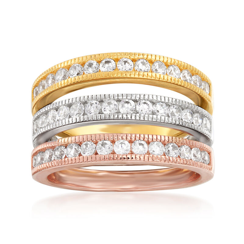 1.00 ct. t.w. CZ Jewelry Set: Three Rings in Rose and Yellow 18kt Gold Over Sterling and Sterling Silver image number 0