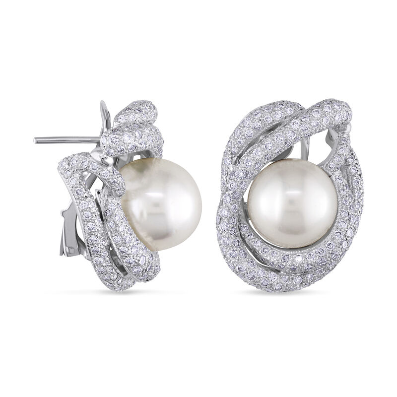 11-12mm Cultured South Sea Pearl and 4.35 ct. t.w. Diamond Earrings in 18kt White Gold image number 1