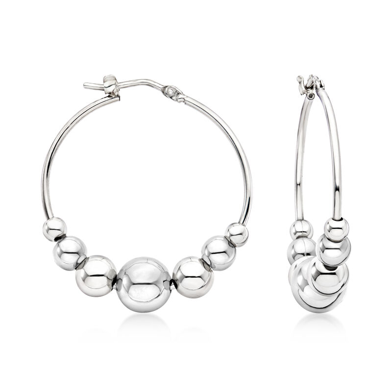 Italian Sterling Silver Graduated Bead Hoop Earrings. 1 1/4" image number 0