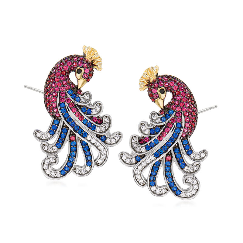 1.42 ct. t.w. CZ and Multi-Gem Peacock Earrings in Sterling Silver image number 0
