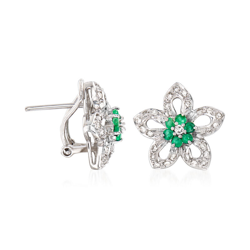 C. 1990 Vintage .55 ct. t.w. Diamond and .50 ct. t.w. Emerald Floral Earrings in 18kt White Gold image number 2