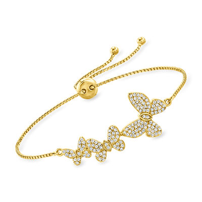 .60 ct. t.w. CZ Butterfly Bolo Bracelet in 18kt Gold Over Sterling