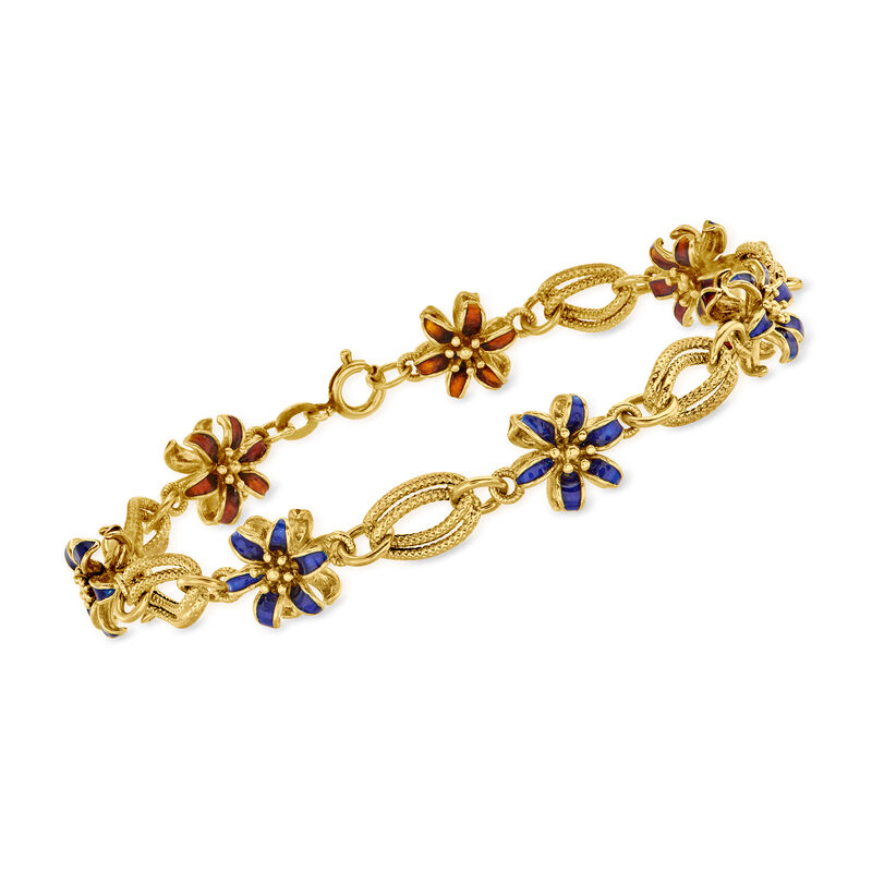 C. 1970 Vintage Blue and Orange Enamel Flower Bracelet in 18kt Yellow Gold. 8&quot; image number 0