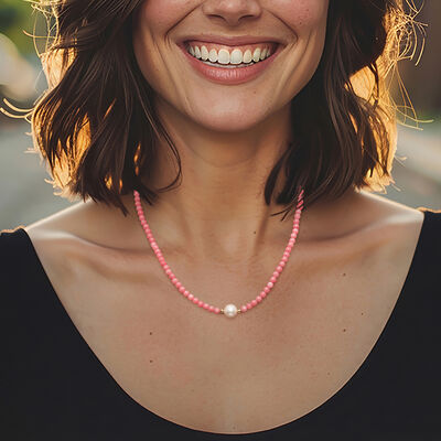 8.5-9mm Cultured Pearl and 4mm Pink Coral Bead Necklace with 18kt Gold Over Sterling