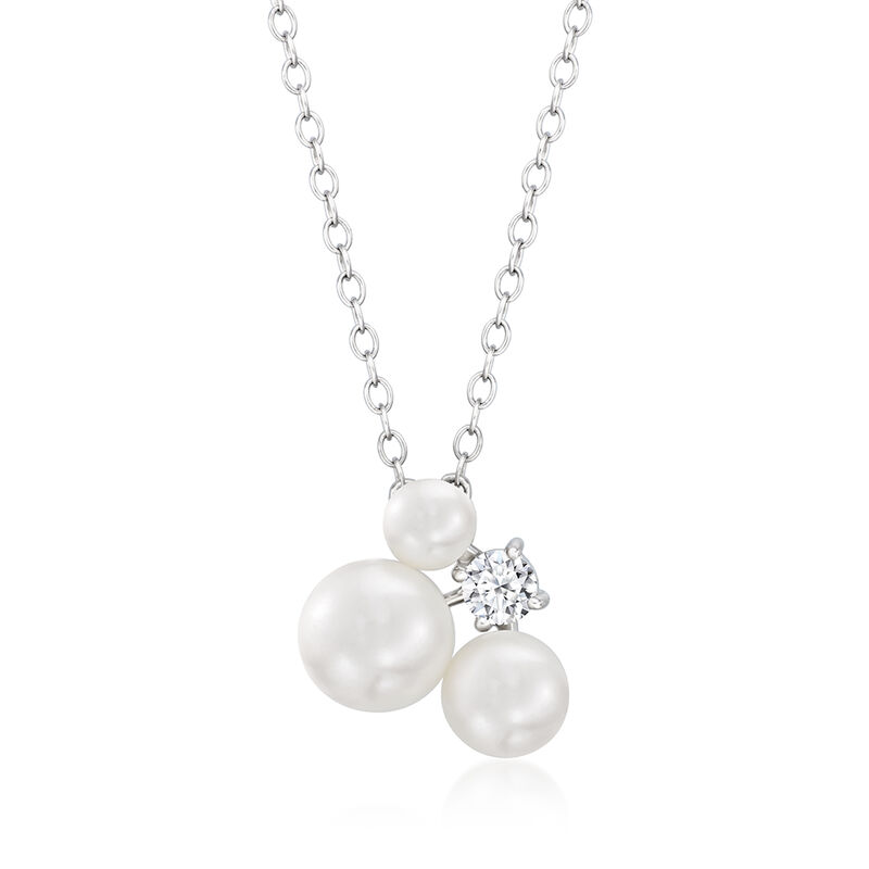 4-7mm Cultured Pearl and .15 Carat Lab-Grown Diamond Necklace in Sterling Silver. 16" image number 1