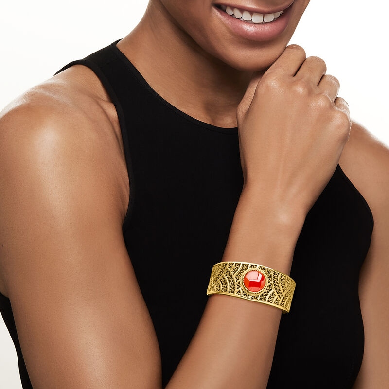 Carnelian Etruscan-Style Filigree Cuff Bracelet in 18kt Gold Over Sterling image number 1