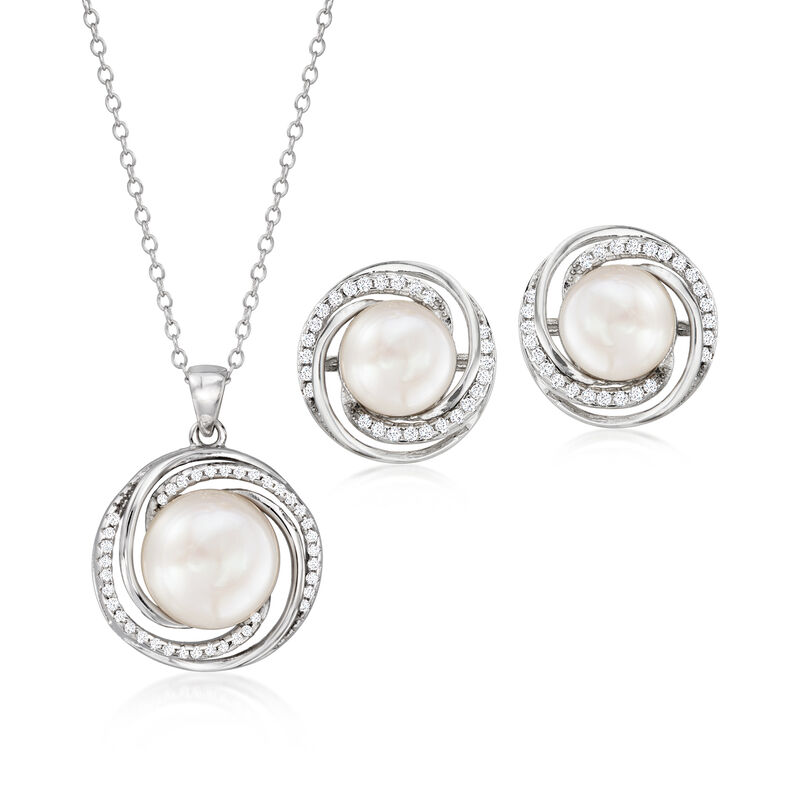 9-10mm Cultured Pearl and .50 ct. t.w. CZ Jewelry Set: Earrings and Pendant Necklace in Sterling Silver image number 0