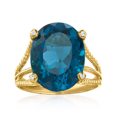 13.00 Carat London Blue Topaz Ring with Diamonds in 18kt Gold Over Sterling