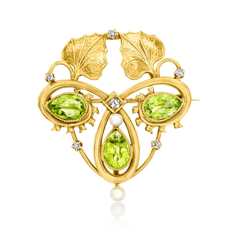 C. 1930 Vintage 3.00 ct. t.w. Peridot, .15 ct. t.w. Diamond and 2.5-3mm Cultured Pearl Pin in 14kt Yellow Gold  image number 0