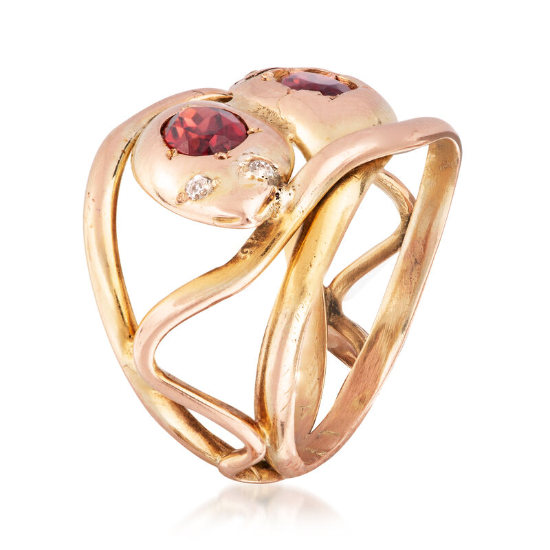 C. 1940 Vintage 1.20 ct. t.w. Garnet Double Snake Head Ring with Diamond Accents in 9kt Yellow and Rose Gold. Size 6.5 image number 2