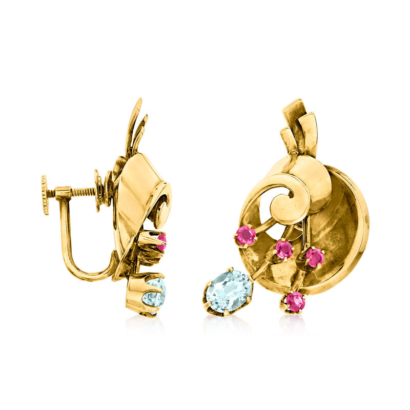 C. 1940 Vintage Tiffany Jewelry 1.50 ct. t.w. Aquamarine and .65 ct. t.w. Ruby Swirl Earrings in 14kt Yellow Gold image number 2