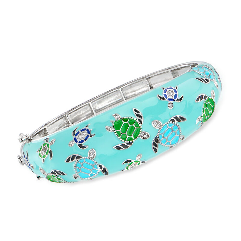 .30 ct. t.w. White Topaz and Multicolored Enamel Turtle Bangle Bracelet in Sterling Silver. 7&quot; image number 0