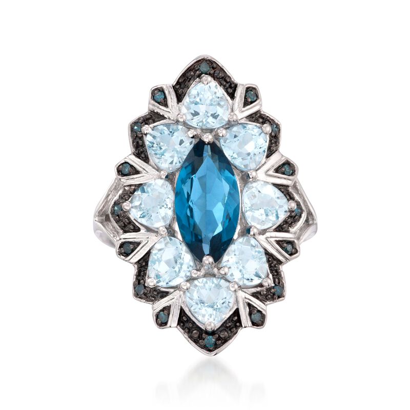 2.20 Carat London Blue Topaz and 2.50 ct. t.w. Aquamarine Ring with Blue Diamonds in Sterling Silver image number 0