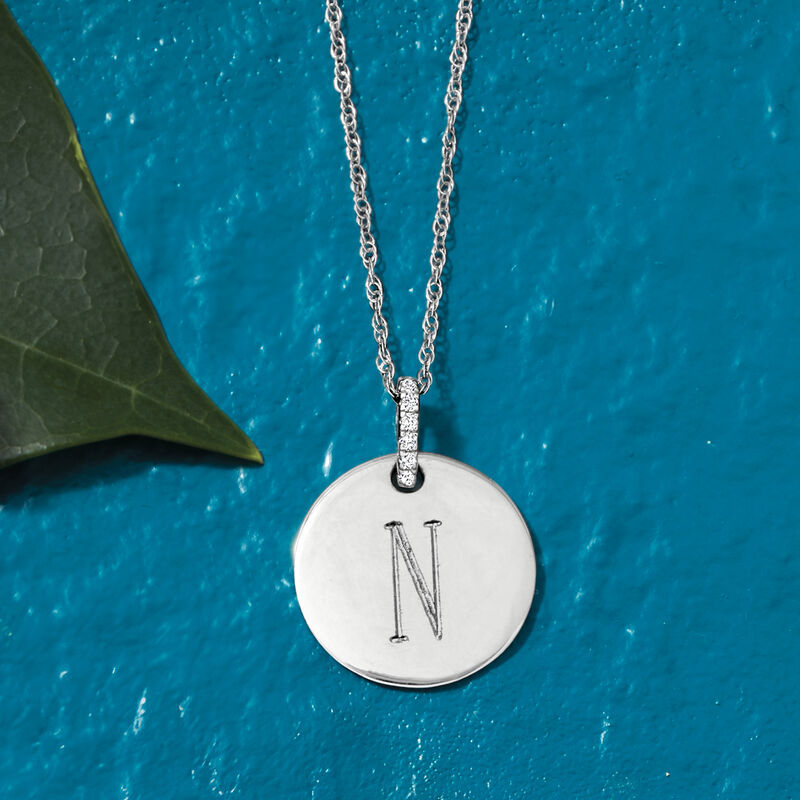 Plain - Sterling Silver Circle Pendant Necklace with Diamonds. 16&quot; image number 2