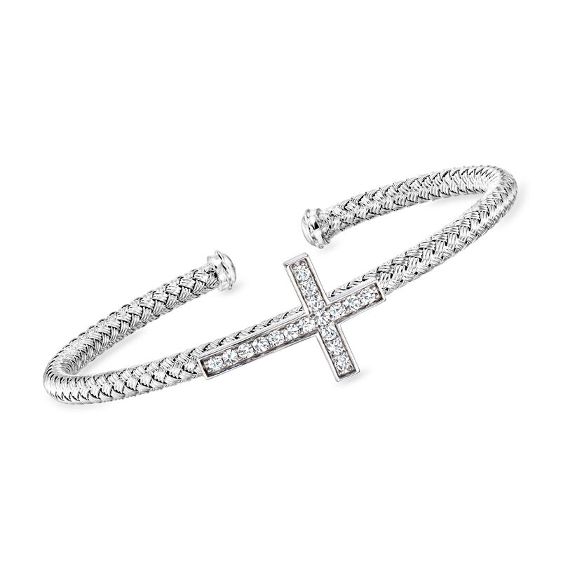Charles Garnier &quot;Grace&quot; .50 ct. t.w. CZ Sideways Cross Cuff Bracelet in Sterling Silver. 7.5&quot; image number 0