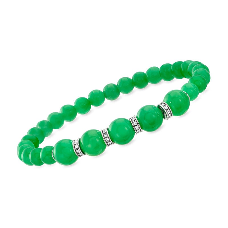 6-8mm Jade Bead and .25 ct. t.w. Diamond Stretch Bracelet with Sterling Silver image number 0