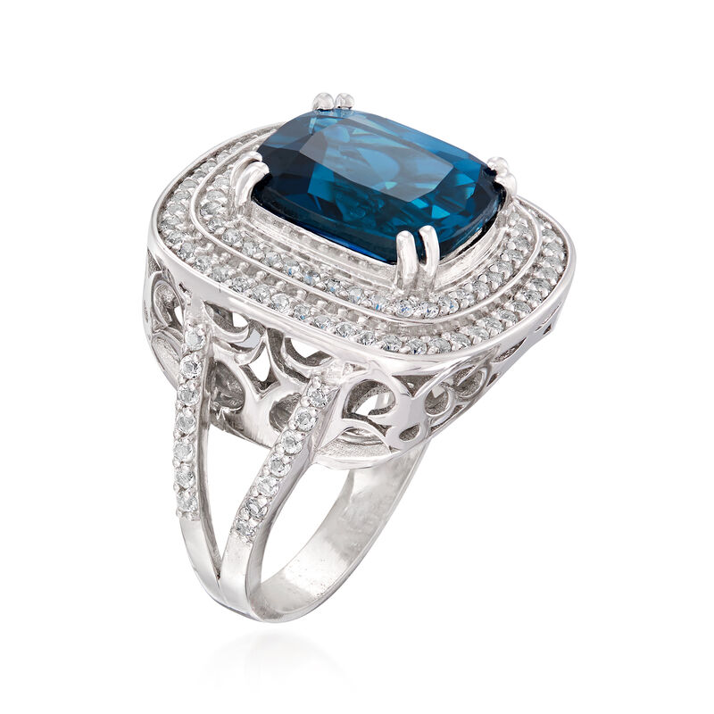 6.50 Carat London Blue and .90 ct. t.w. White Topaz Ring in Sterling Silver image number 2