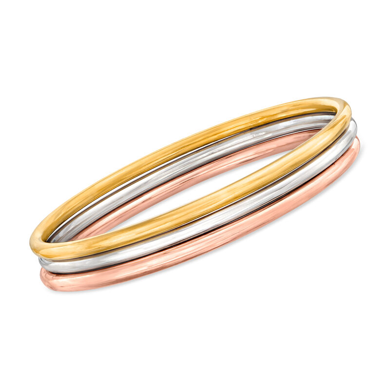 Italian Andiamo 14kt Tri-Colored Gold Over Resin Jewelry Set: Three Polished Bangle Bracelets. 7.5&quot; image number 0