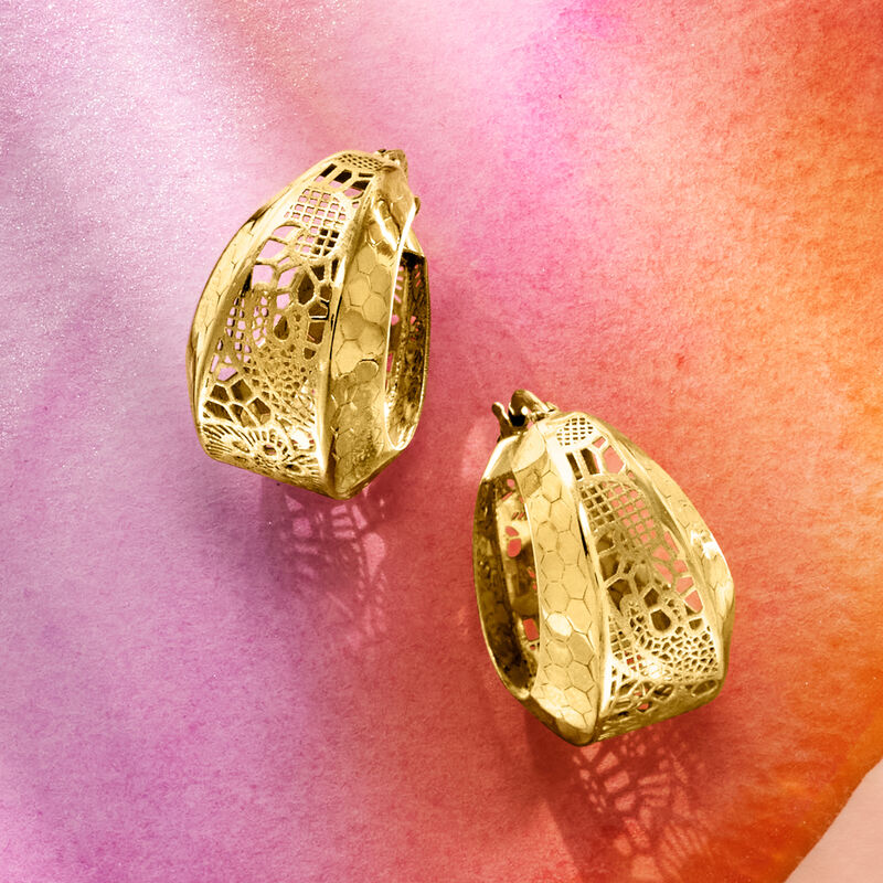 Italian 14kt Yellow Gold Floral Filigree Hoop Earrings. 7/8&quot; image number 3