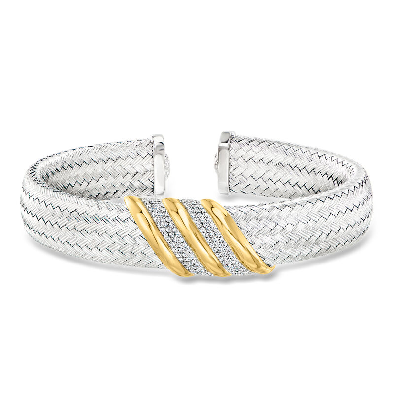 Charles Garnier "Flourish" .60 ct. t.w. CZ Striped Cuff Bracelet in Sterling Silver with 18kt Gold Over Sterling. 7.5" image number 0