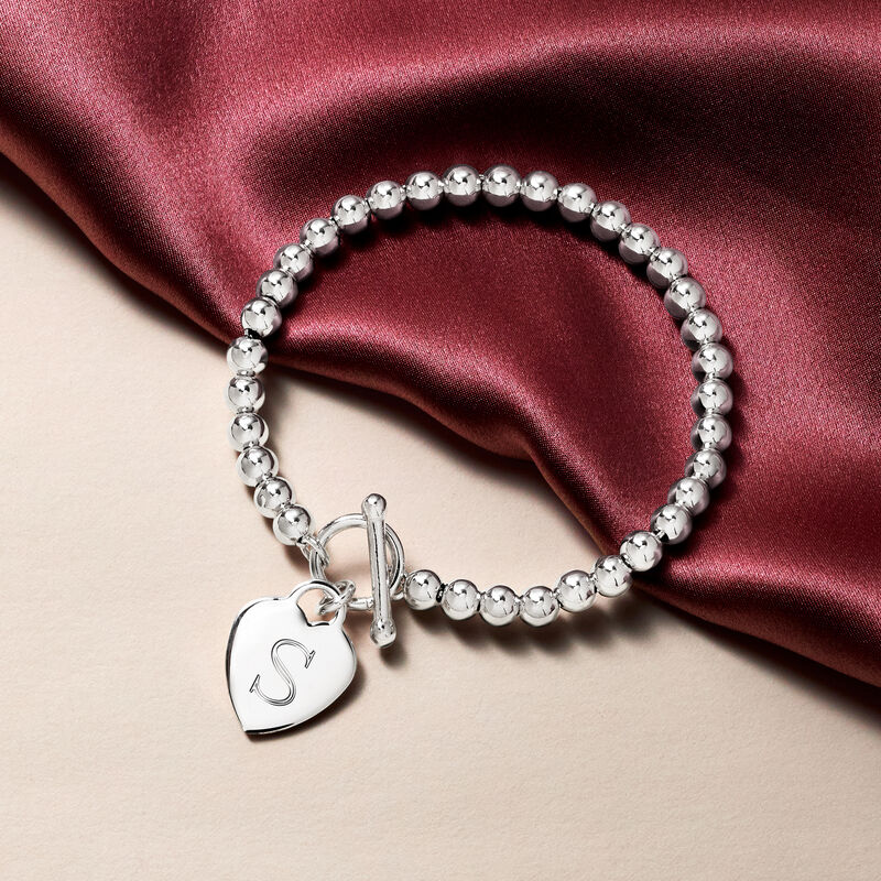 Italian Sterling Silver Personalized Heart Charm Bead Bracelet image number 2