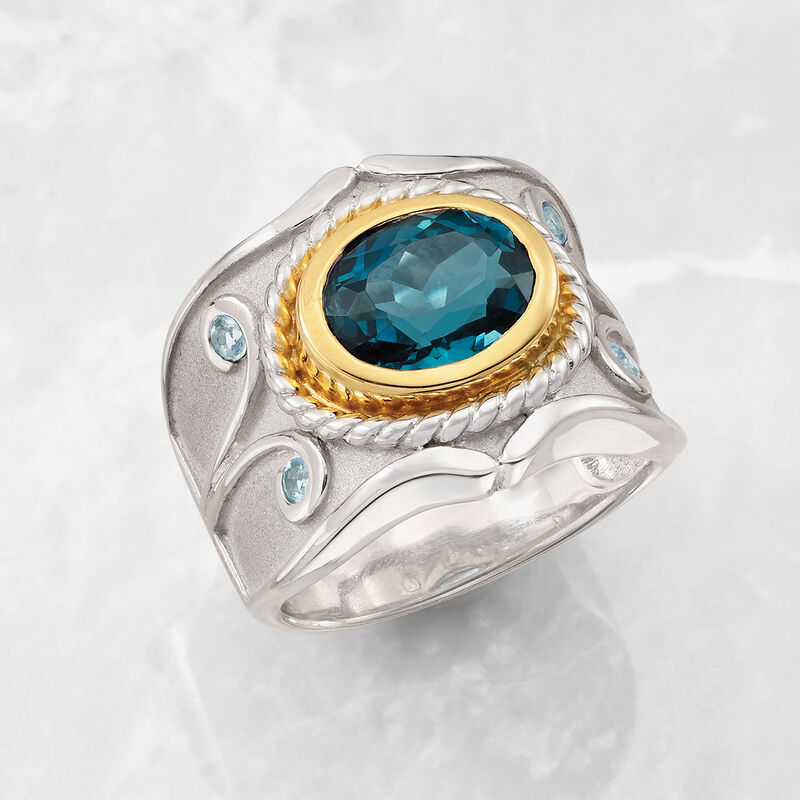 3.40 Carat London Blue Topaz and .10 ct. t.w. Aquamarine Ring in Two-Tone Sterling Silver image number 3