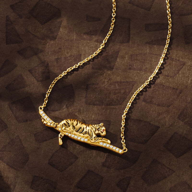 .10 ct. t.w. White Topaz and Black Enamel Tiger Bar Necklace with Rubies in 18kt Gold Over Sterling. 18" image number 2