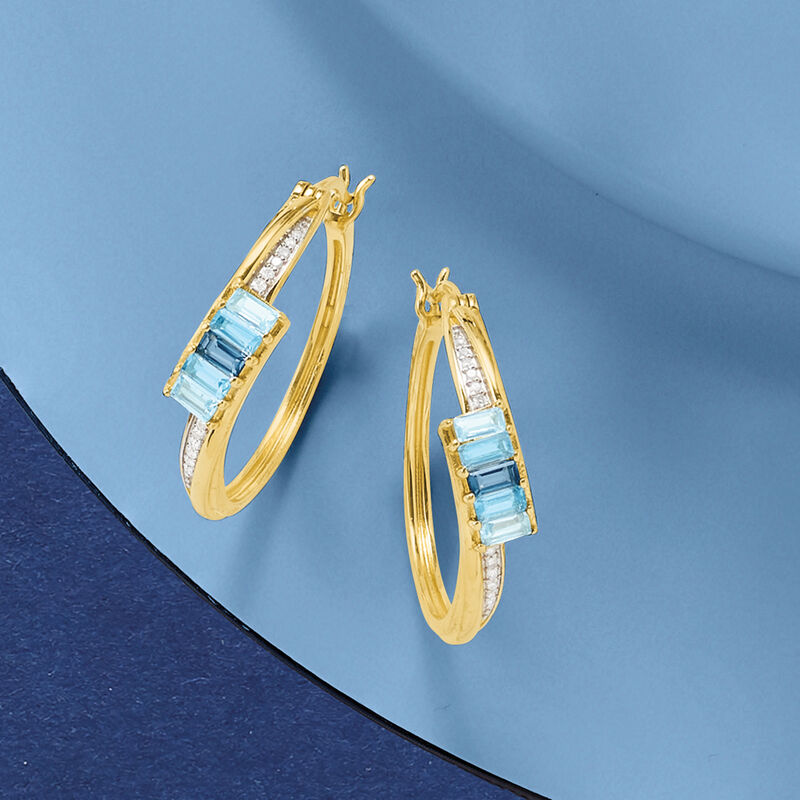 1.18 ct. t.w. Tonal Blue Topaz and .10 ct. t.w. Diamond Hoop Earrings in 18kt Gold Over Sterling image number 2