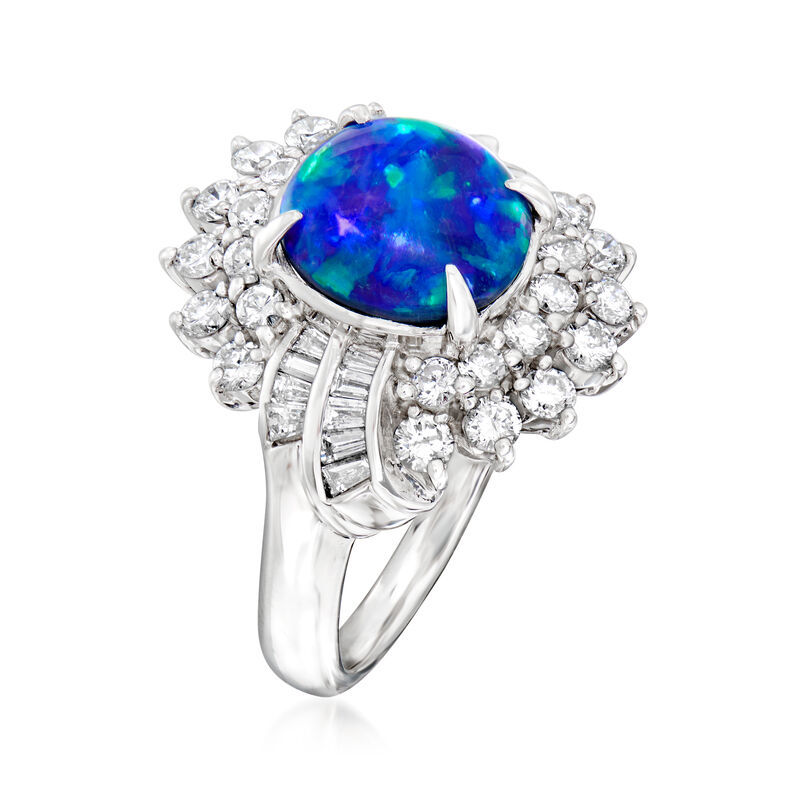 C. 1980 Vintage Black Opal and 1.00 ct. t.w. Diamond Ring in Platnum image number 2