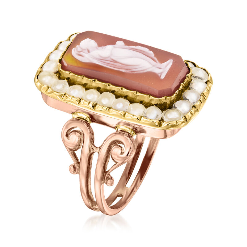 C. 1930 Vintage Orange Agate Cameo Ring with 2.5mm Cultured Pearls in 18kt Two-Tone Gold. Size 6.5 image number 2