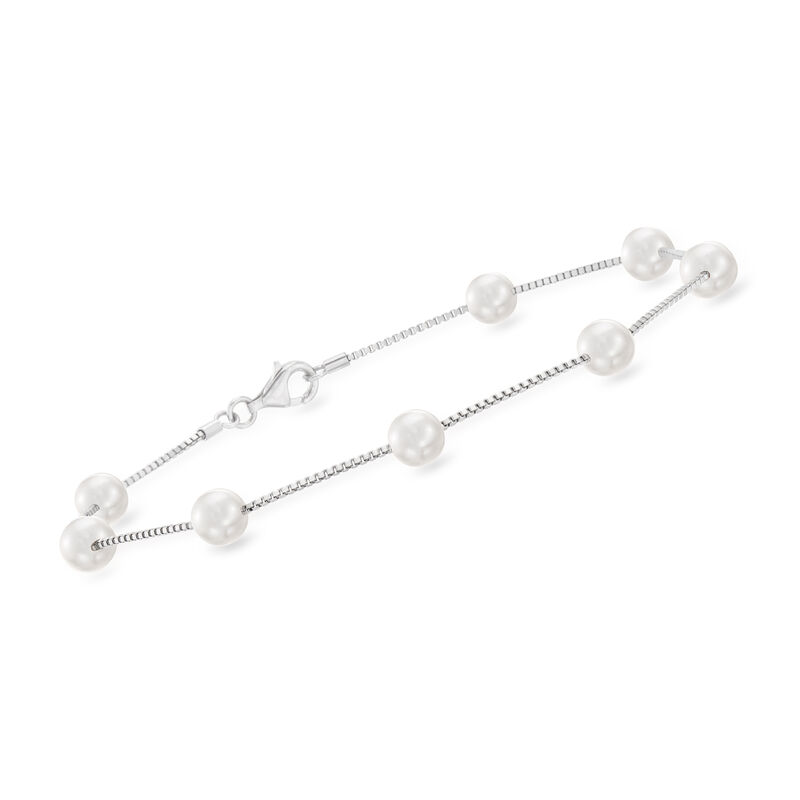 7-7.5mm Cultured Pearl Station Anklet in Sterling Silver. 10&quot; image number 1