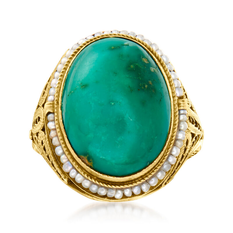C. 1950 Vintage Turquoise and Seed Pearl Ring in 14kt Yellow Gold. Size 6.25 image number 0