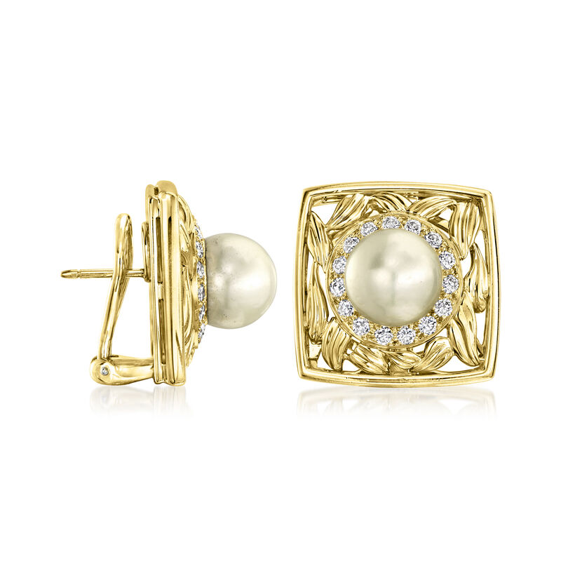 C. 1980 Vintage 9.5mm Cultured Pearl and 1.00 ct. t.w. Diamond Square Earrings in 18kt Yellow Gold  image number 2