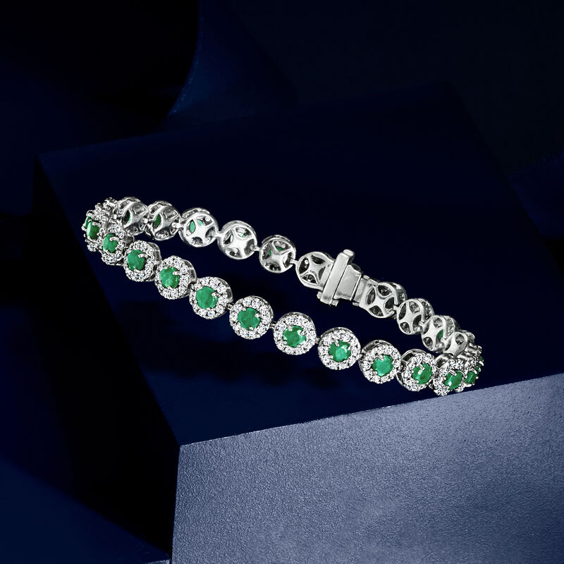 3.70 ct. t.w. Emerald and 2.69 ct. t.w. Diamond Tennis Bracelet in 14kt White Gold image number 4