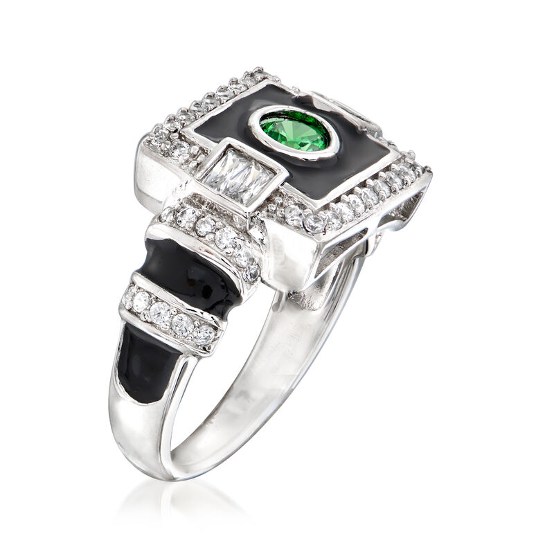 .23 Carat Simulated Emerald and .65 ct. t.w. CZ Art Deco-Style Ring with Black Enamel in Sterling Silver image number 2
