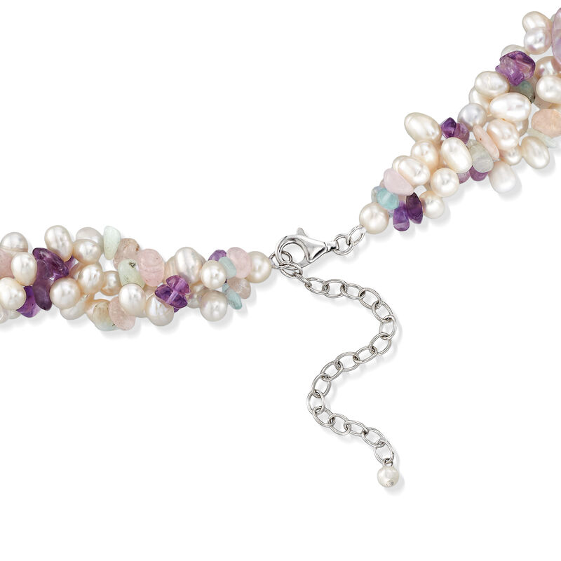 4-6.5mm Cultured Pearl and Multi-Stone Torsade Necklace with Sterling Silver image number 2