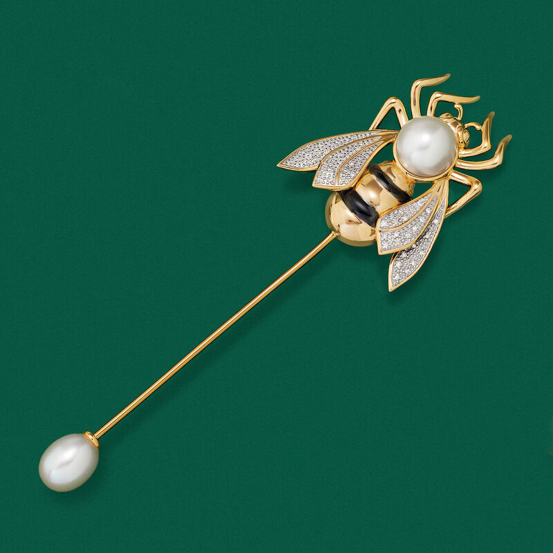 7.5-10mm Cultured Pearl and .12 ct. t.w. Diamond Bumblebee Stick Pin in Sterling Silver and 18kt Gold Over Sterling image number 2
