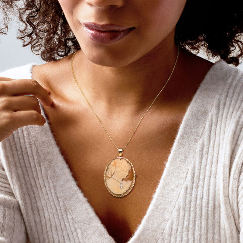 C. 1980 Vintage Orange Shell Cameo Pin/Pendant with Single Diamond in 14kt Two-Tone Gold image number 1