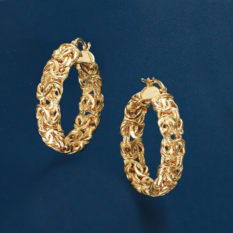 14kt Yellow Gold Byzantine Hoop Earrings. 1 1/4&quot; image number 2