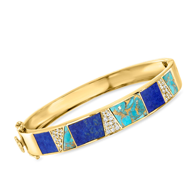 Turquoise, Lapis and 1.00 ct. t.w. White Topaz Bracelet in 18kt Gold Over Sterling. 7" image number 0