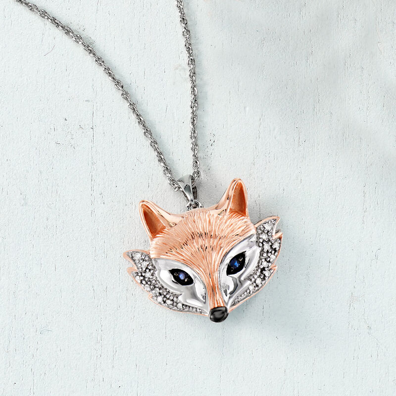 Sterling Silver and 18kt Rose Gold Over Sterling Fox Pendant Necklace with Diamonds and Sapphires image number 2