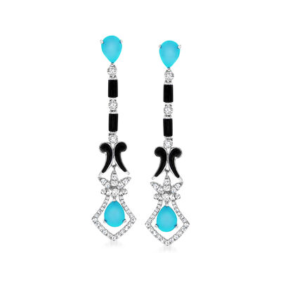 Turquoise and Onyx Drop Earrings with .83 ct. t.w. Diamonds in 14kt White Gold