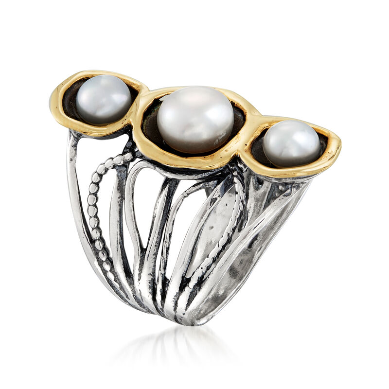 6-8mm Cultured Pearl Open-Space Ring in Sterling Silver and 14kt Yellow Gold image number 2