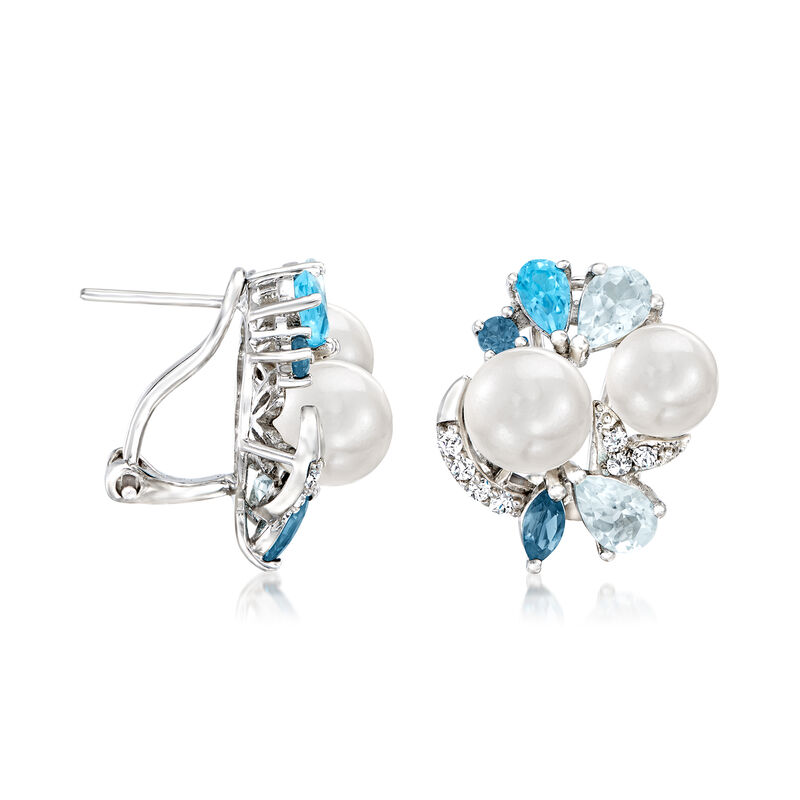 6.5-8mm Cultured Pearl and 3.00 ct. t.w. Tonal Blue Topaz Drop Earrings with .20 ct. t.w. Simulated White Sapphire in Sterling Silver image number 2