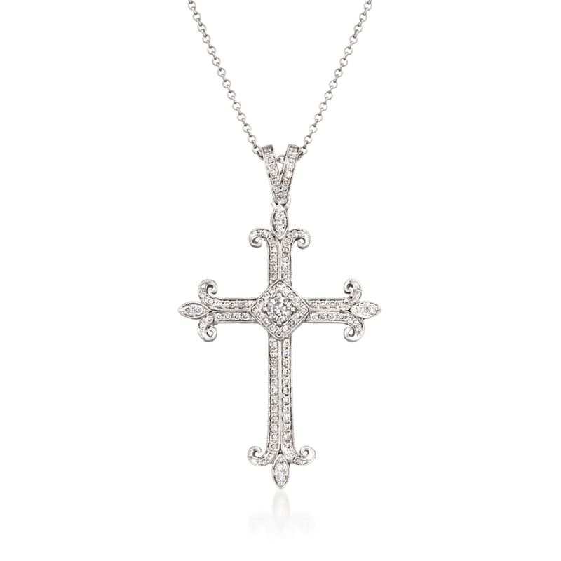 C. 2015 Simon G. .37 ct. t.w. Cross Pendant Necklace in 18kt White Gold. 17&quot; image number 0