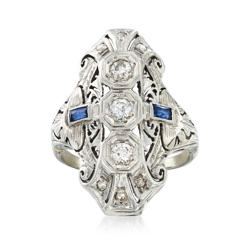 C. 1940 Vintage .35 ct. t.w. Diamond Filigree Ring with Synthetic Sapphire Accents in 18kt White Gold image number 0