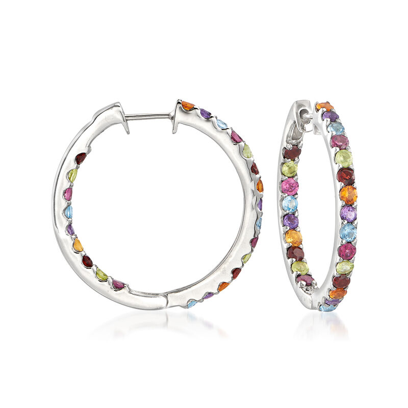 3.20 ct. t.w. Multi-Gemstone Inside-Outside Hoop Earrings in Sterling Silver. 1&quot; image number 0