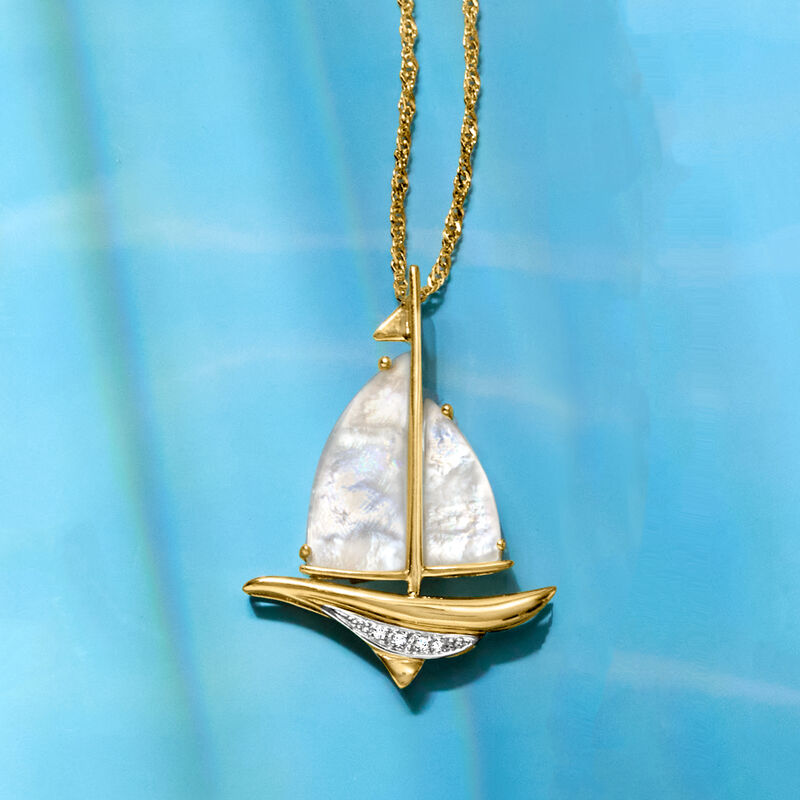 Mother-of-Pearl Sailboat Pendant Necklace with Diamonds in 18kt Gold Over Sterling image number 2
